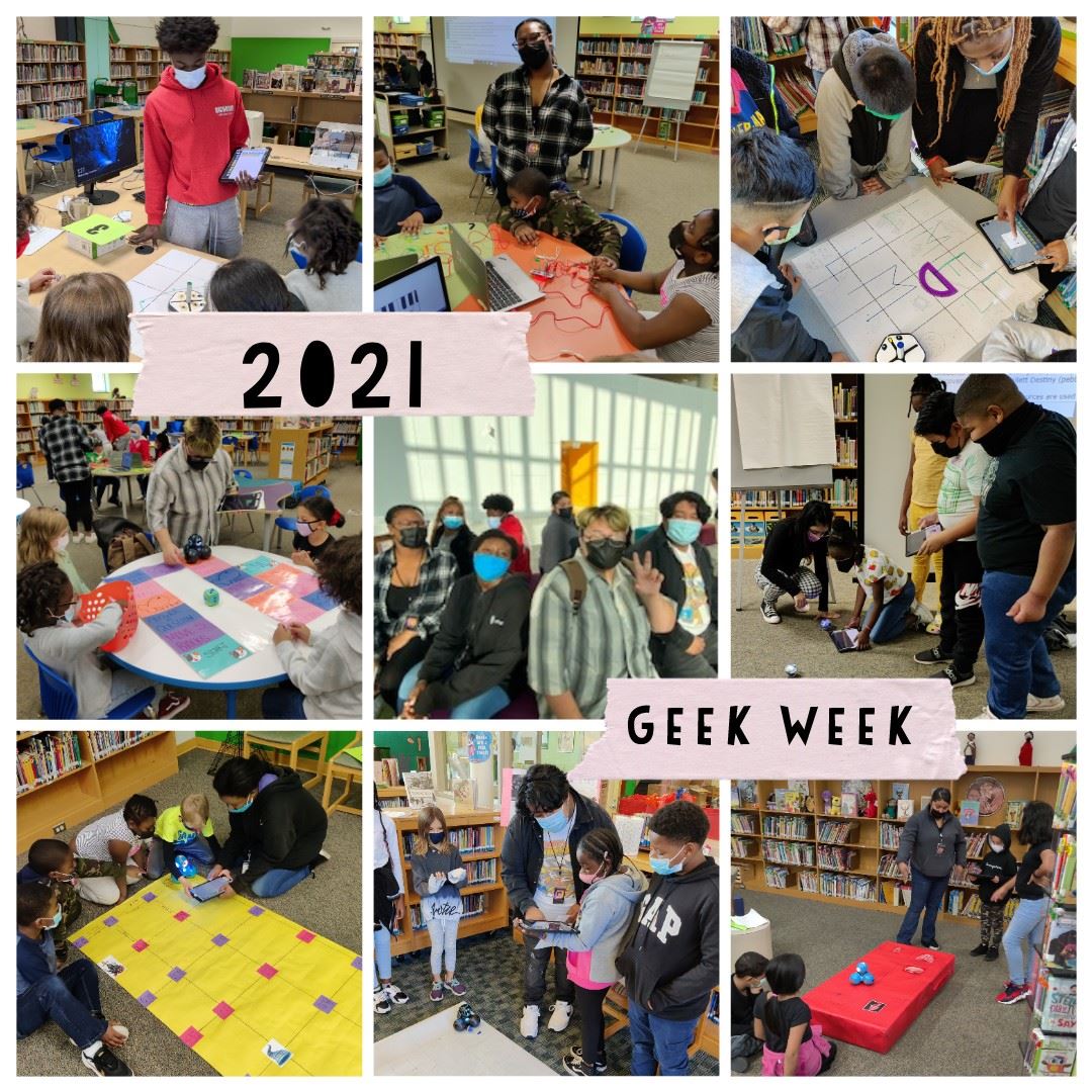 Library Media Studies students leading elementary kids in computer science activities Library Media Studies students leading elementary kids in computer science activities